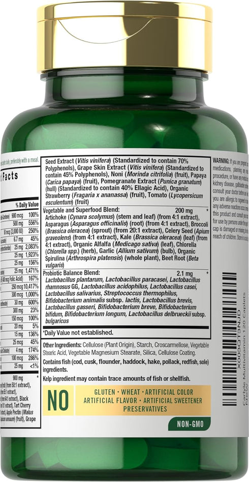 Carlyle Fruits and Veggies Supplement, 120 Count, Superfood Multivitamin with Probiotics, Made with 20 Fruits and