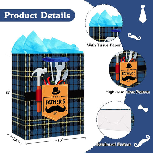 WaaHome Large Fathers Day Gift Bag with Handle 13''x10.5''x5.8'' and Tissue Paper for Dad, Daddy, Grandpa