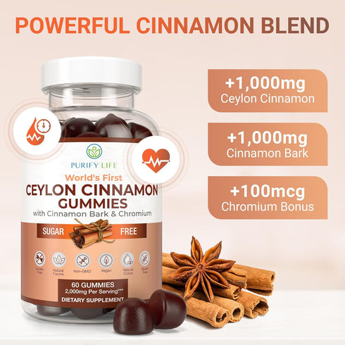 Purify Life Gummies (2,000mg/Serving) 7-Keto 60 Sugar-Free Ceylon Cinnamon Vegan, Gluten-Free Herbal Cinnamon