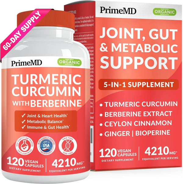 5-in-1 Turmeric Curcumin Supplement (4210mg) with Berberine & Ceylon Cinnamon - Organic Joint, Heart, Gut & Metabolic