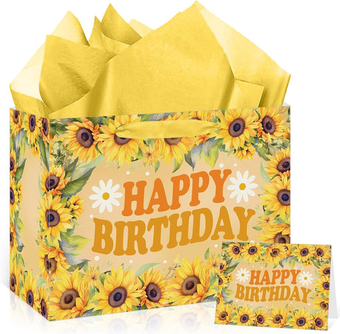 Wauprant Large Sunflower Birthday Gift Bag for Girls Women Yellow Floral Happy Birthday