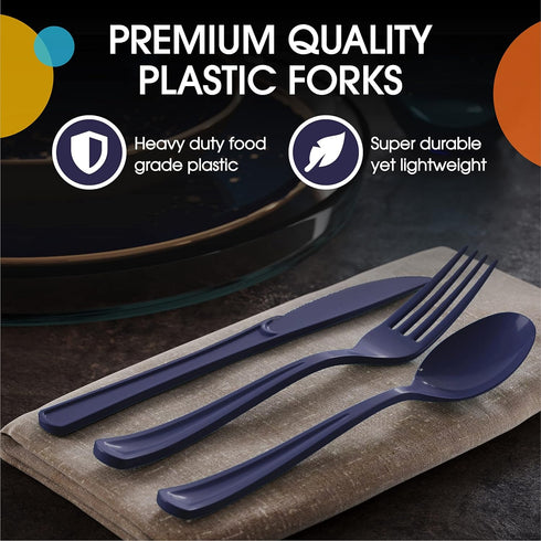 Heavy Duty Navy Plastic Forks, 50 Pcs Disposable Cutlery, Navy Plastic Silverware, Navy Disposable Flatware