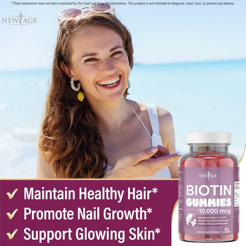 NEW AGE Biotin Gummies for Hair, Skin & Nails, 10,000 mcg, Non-GMO Supplement for Women and Men, 120 Count