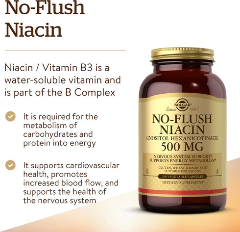 Solgar No-Flush Niacin 500 mg - 250 Vegetable Capsules - Cardiovascular Support - Vegan, Gluten Free