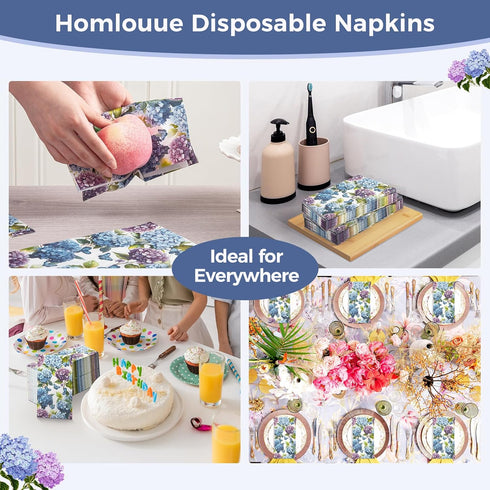 Homlouue 100PCS Watercolor Hydrangea Floral Napkins, 3 Ply Disposable Guest Towels for Spring Summer Fall