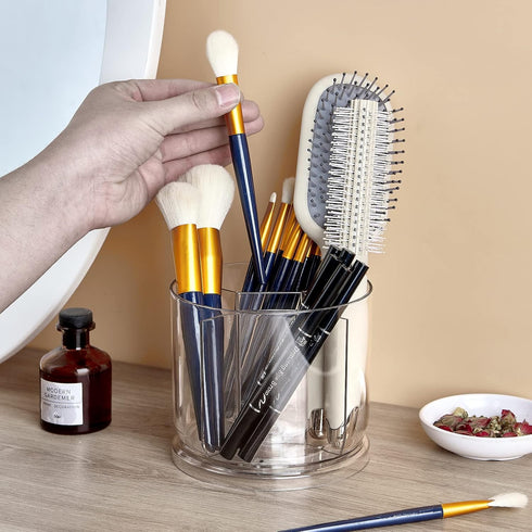 Makeup Brush Holder Organizer - 360° Rotating Clear Storage Cup for Vanity, Desk, Countertop, Spinning Pen Holder