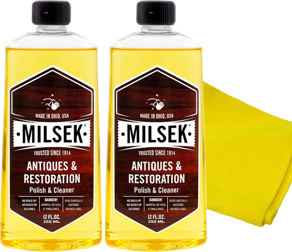 Milsek Antiques & Restoration Polish & Cleaner, 12 Fl Oz (Pack of 2) with Microfiber Towel for Wood Antiques