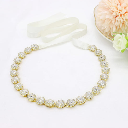Oriamour Gold Crystal Bridal Hair Accessories, Wedding Headbands with Ribbons for Bride, Bridesmaids, Girls