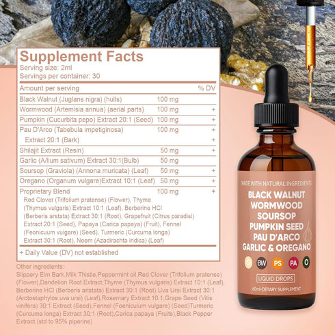 WOVOEO 60ml(1) Black Walnut Wormwood & Clove Drops with Soursop,Garlic,Pumpkin Seed,PAU D'Arco,Oil of Oregano