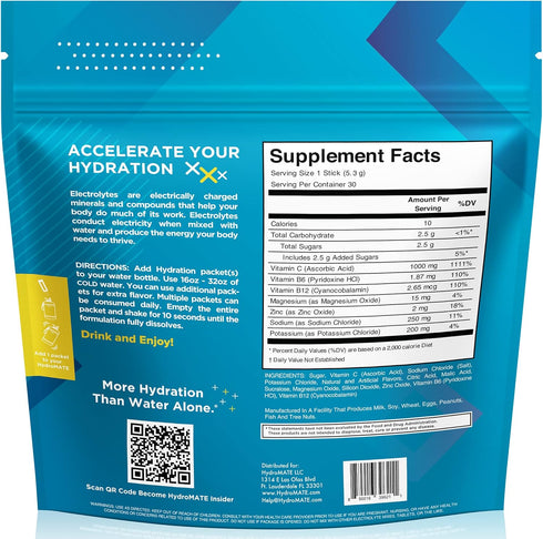 HydroMATE Electrolytes Powder Packets - Lemon Low Sugar Hydration Accelerator Drink Mix, 30 Count for Fast Liquid