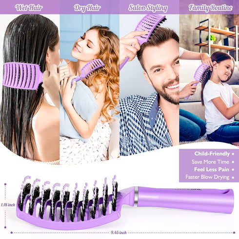 URTHEONE Hair Brush, Detangling Boar Bristle Curved Vented Hair Brush for Women Men Kids, 2 Pack, Pink & Purple