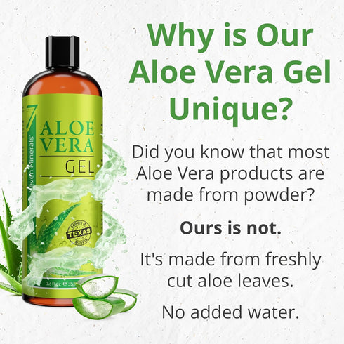 Seven Minerals Organic Aloe Vera Gel, 12oz, 100% Pure, Vegan, Unscented, for Face, Skin, Hair