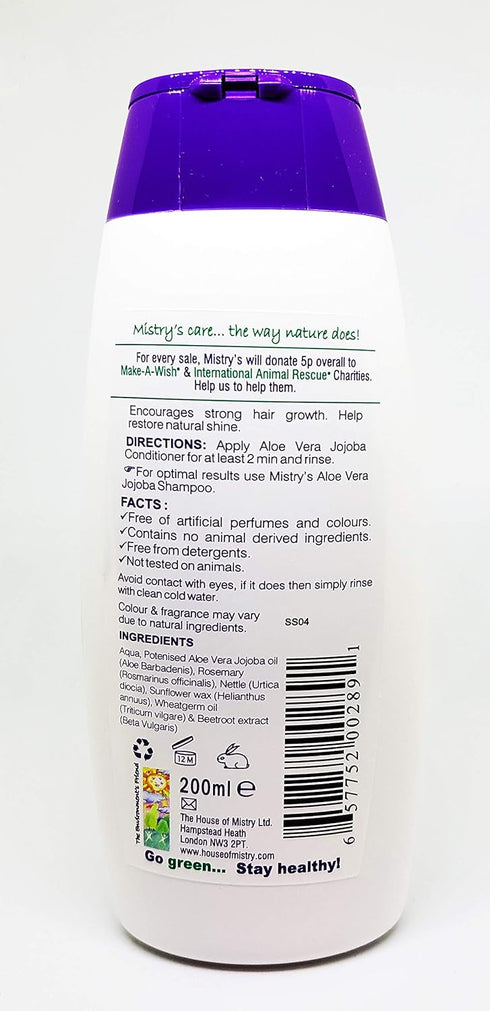 Mistry's Aloe Vera Jojoba Conditioner 200ml - Natural Hair Care, Gentle, Strengthening & Nourishing - Suitable for All Ages and Hair Types, Additive Free, Vegan,