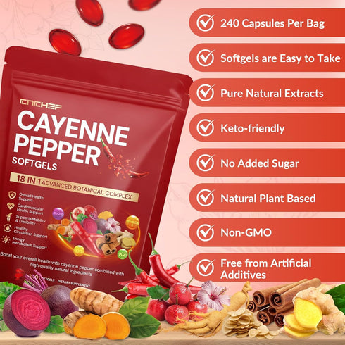 VitaminD3+K2,Berberine, CoQ10, Omega-3, 240 Cayenne Pepper Softgels Supplement, Cayenne Pepper Capsules with Turmeric