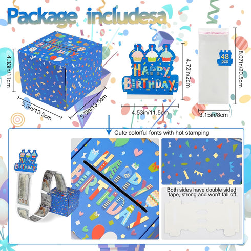 Keencopper 48Pcs Birthday Money Box for Cash Gift, Surprise Money Roll Gift Box with Pull Out Card and Bags