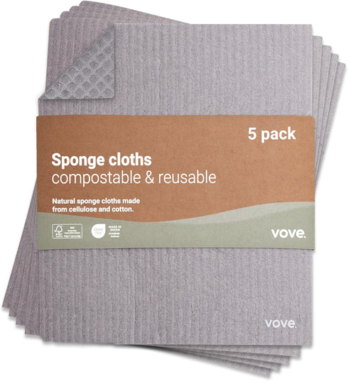 Premium Natural Swedish Dishcloth - Eco-Friendly Vegan Compostable Cleaning Sponge Cloth - 5 Pack