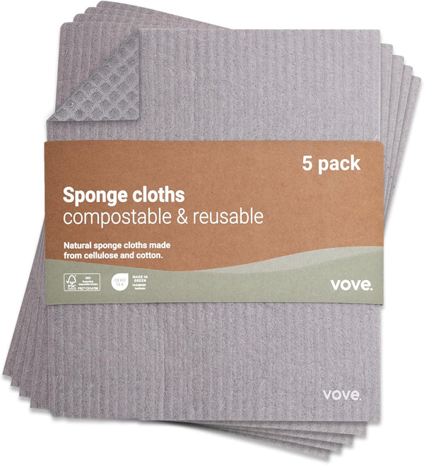 Premium Natural Swedish Dishcloth - Eco-Friendly Vegan Compostable Cleaning Sponge Cloth - 5 Pack