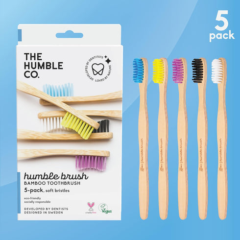 The Humble Co. Bamboo Toothbrushes (5pk) for Superior Oral Care, BPA Free, Soft Bristles