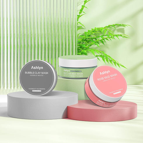 Ashlyn 3 PCS Clay Mask Set, Organic Facial Masks for Women, Green Tea and Rose Face Masks