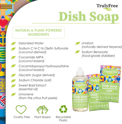 Non-Toxic Natural Liquid Dish Soap | Long-Lasting Sweet Basil Fresh Scent | Includes 1 Empty Refill Bottle (16oz), 2