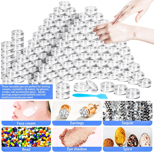 MotBach 100 Pcs 5g Empty Plastic Containers, Mini Makeup Sample Jars with Clear Lids and Mini Spatulas