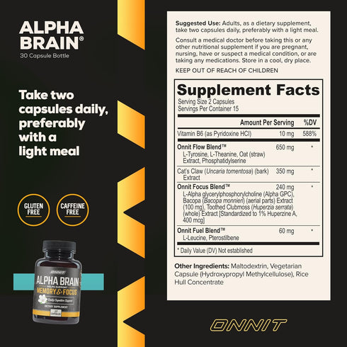 ONNIT Alpha Brain Premium Nootropic Brain Supplement, 30 Count - Caffeine-Free Focus Capsules for Memory & Concentration
