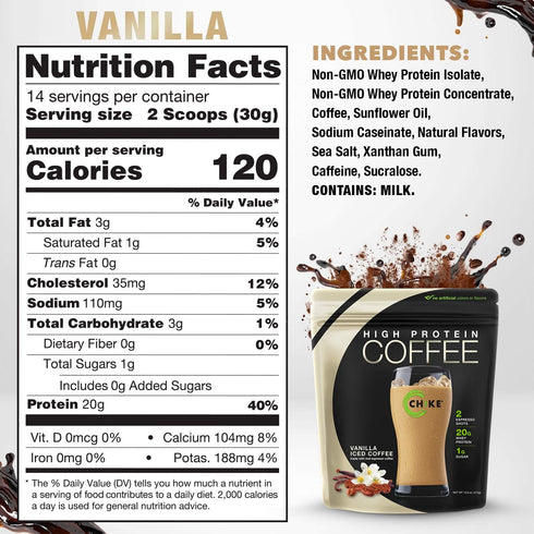 Chike Vanilla High Protein Iced Coffee - 20g Protein, 2 Shots Espresso, Keto Friendly, 14 Servings