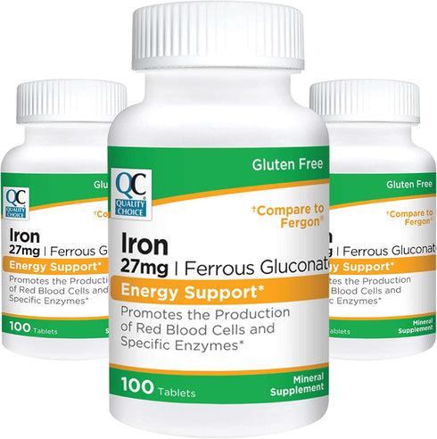 Quality Choice Energy Support Iron 27 mg Ferrous Gluconate Tablets 100 Count