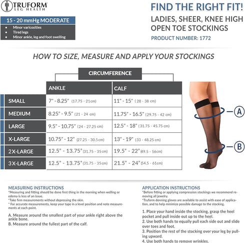 Truform Sheer Compression Stockings, 15-20 mmHg, Women's Knee High Length, Open Toe, 20 Denier, Light Beige, X-Large