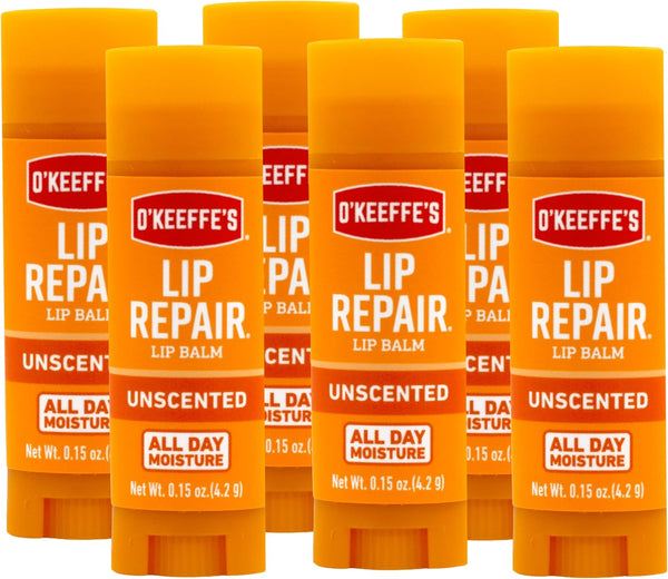O'Keeffe's Lip Repair Unscented Lip Balm, Stick (6 Pack), Moisturizer for Dry, Cracked Lips