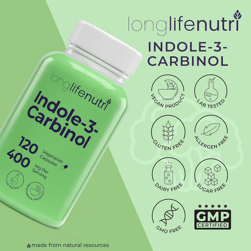 Indole-3-Carbinol 400mg 120 4-Month LongLifeNutri - Vegeterian Capsules, Supply, Organic Supplement for Hormone Balance