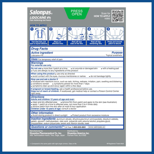 Salonpas Lidocaine 4% Pain Relieving Gel-Patch, 6 Count for Back, Neck, Shoulder, Knee & Elbow