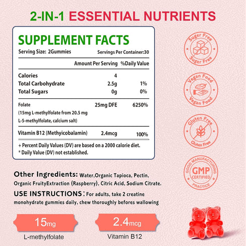 2 Pack L-Methylfolate 15mg Gummies, Folate & Vitamin B12 Supplement for Adult, Active Folic Acid Supplement for Brain & Mood Support, Non-GMO, Vegan, Raspberry Flavor, 120 Count