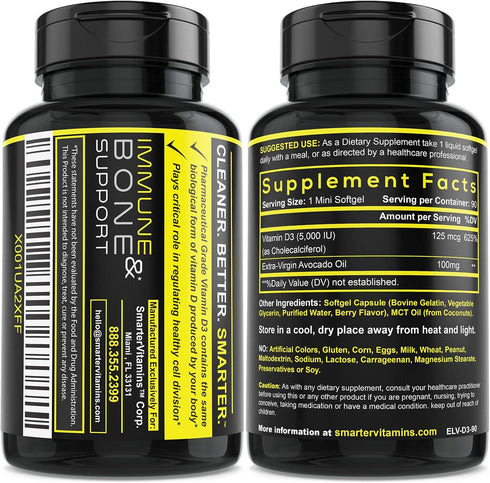 Smarter Vitamin D3 5000 IU in Avocado Oil - 125mcg, 270 Mini Softgels (3 Pack)