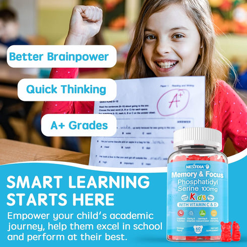Sugar Free Phosphatidylserine Supplement 100mg, Kids Brain Gummies with Vitamin D3, C for Focus & Memory, 120 Cts