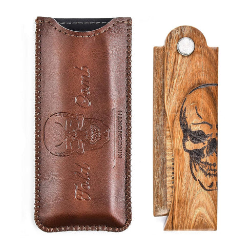 Men's Pocket Folding Wooden Beard Comb Set with Leather Travel Case, Green Sandalwood Hair Combs (Skeleton)