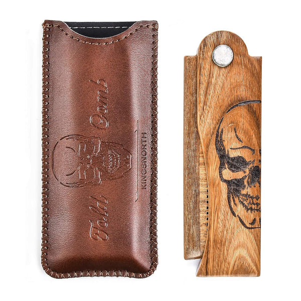 Men's Pocket Folding Wooden Beard Comb Set with Leather Travel Case, Green Sandalwood Hair Combs (Skeleton)