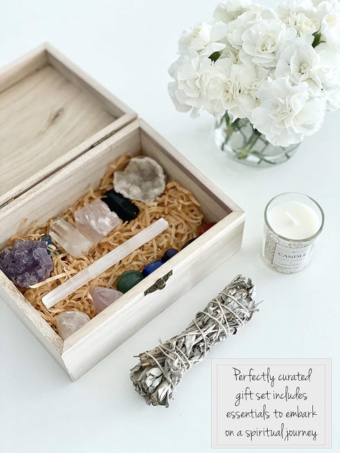 Set Healing Crystals Kit - Chakra Stones Crystal Starter | Sage Smudge Kit and Relaxation Candle | Protection +