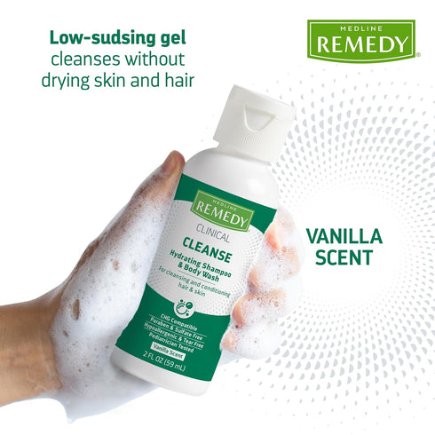Medline Remedy Clinical Hydrating Shampoo & Body Wash, 2 fl oz, Vanilla Scent, No-Rinse Cleanser for Adults & Kids