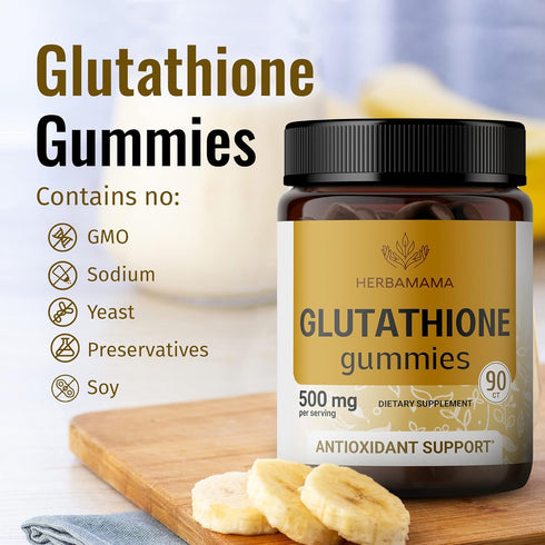 HERBAMAMA Reduced Glutathione Gummies - Antioxidant Supplement Support for Skin Care & Liver Cleanse Gummy - Non-GMO, Gluten-Free 500mg - Banana Flavor 90 Chews Per Bottle