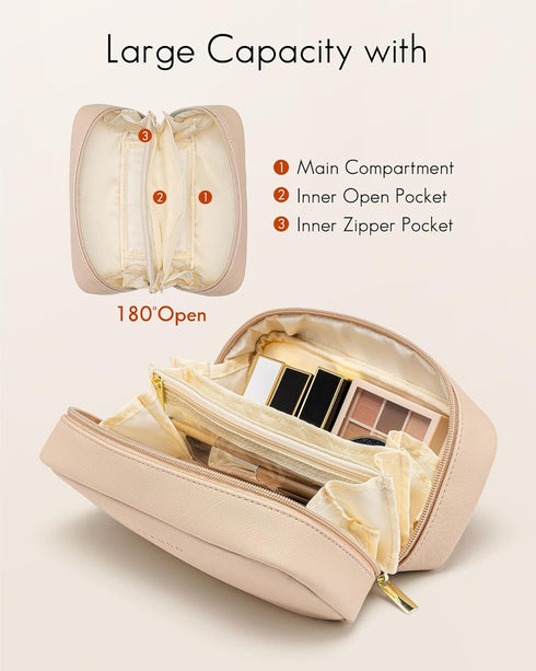 Vlando Small Makeup Pouch, Milk Tea PU Leather Travel Bag with Wide-open Design for Makeup Brushes
