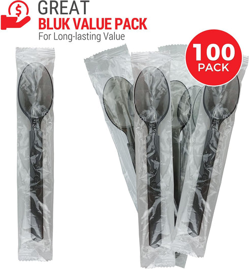 3X Heavy Duty Plastic Spoons Individually Wrapped, Sturdy Like Silverware, 100 Pack Black Disposable Spoons Bulk, Packaged To-Go Utensil Set, Perfect for Event Catering, Restaurant and Take Out.
