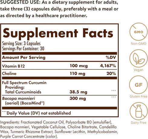 Solgar Full Spectrum Curcumin Brain Works, 90 Licaps - Support Memory Recall, Focus, Cognitive Function - Antioxidant Support - Curcumin, BacoMind, Choline, Vitamin B12 - Non-GMO, Vegan - 30 Servings