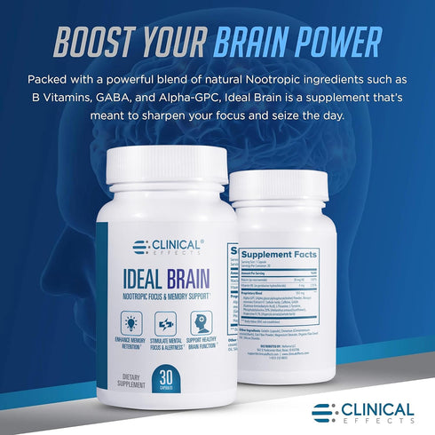Clinical Effects Ideal Brain Dietary Supplement for Nootropic Focus and Memory Support, 30 Capsules