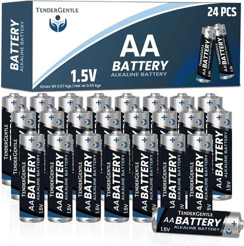 TenderGentle Double AA Batteries 24 Pack - Alkaline AA Batteries for Office and