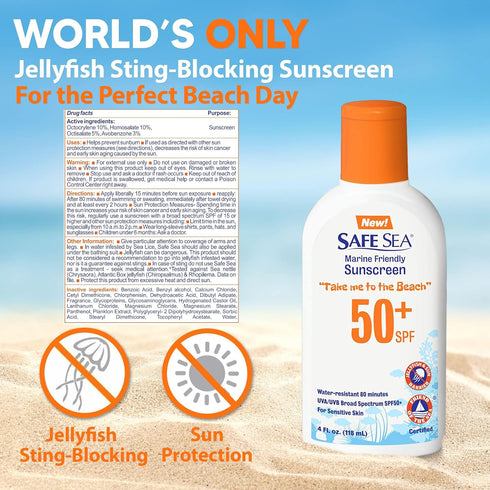 Safe Sea Jellyfish Sting-Blocking Sunscreen, SPF 50+ Lotion 4oz, Waterproof, Biodegradable, Coral Reef-Safe