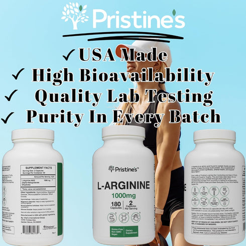 PRISTINE'S L Arginine 1000mg Nitric Oxide Blood Flow Supplement Capsules - 90 Day Supply for Energy & Endurance