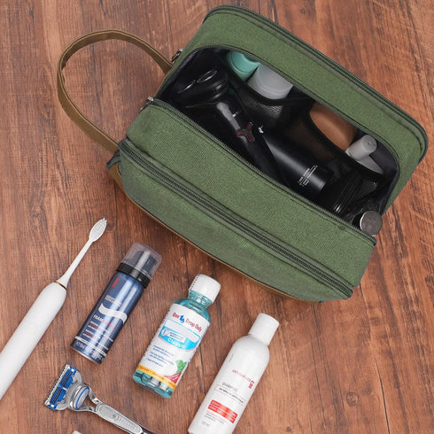 WANDF Travel Toiletry Bag for Men, Leather and Canvas Dopp Kit, Small Bathroom Bag for Travel Accessories (Green)