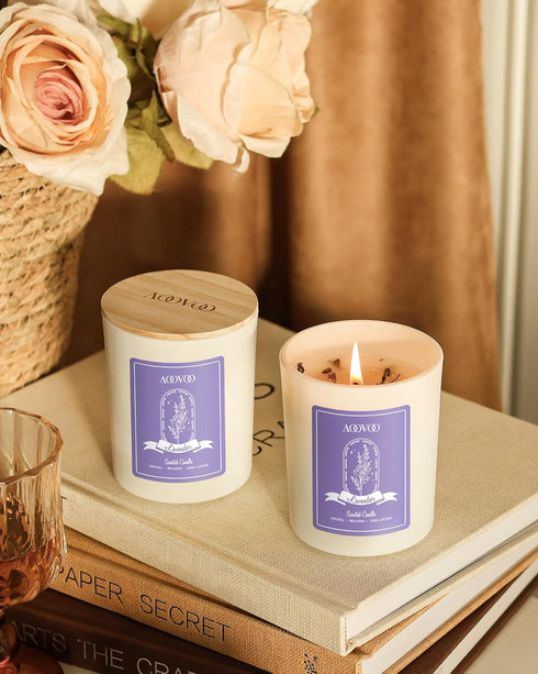 Set 4 Pack 28 oz 200 AOOVOO Lavender Candles for Women - Candles for Home Scented, Aromatherapy Candle with Crystals