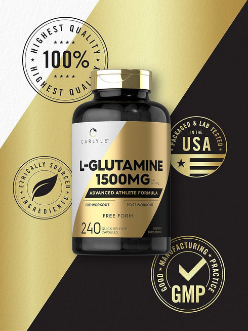 Carlyle L Glutamine Capsules | 1500mg | 240 Count | Non-GMO, Gluten Free Supplement | Advanced Athlete Formula, Pre and